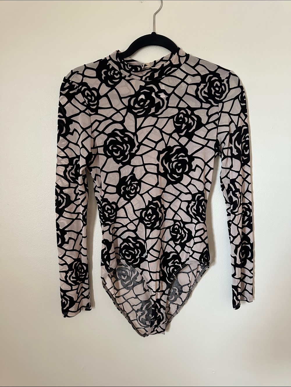Discovery Black Rose-Print Long Sleeve Mesh Bodysuit on Nude